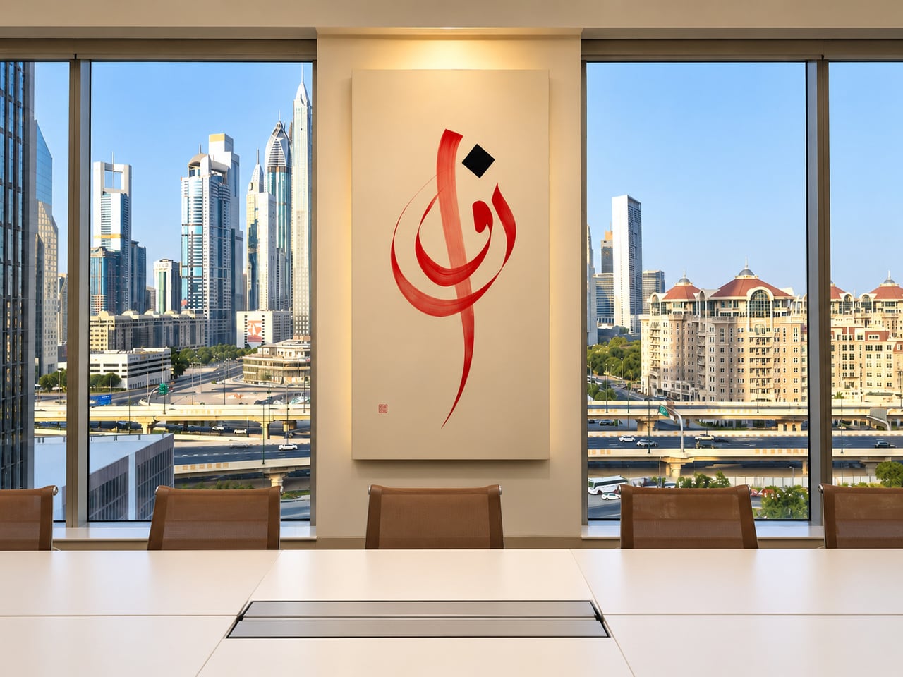 نزرع الأمل ولو في مكان لا يثمر — عمل خطي بأحبار أكريليك على كانفاس في مكاتب بنك نور